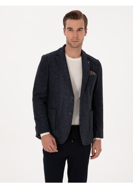 Erkek Lacivert Slim Fit Yün Karışımlı Flanel Görünümlü Ceket 50316800-VR033