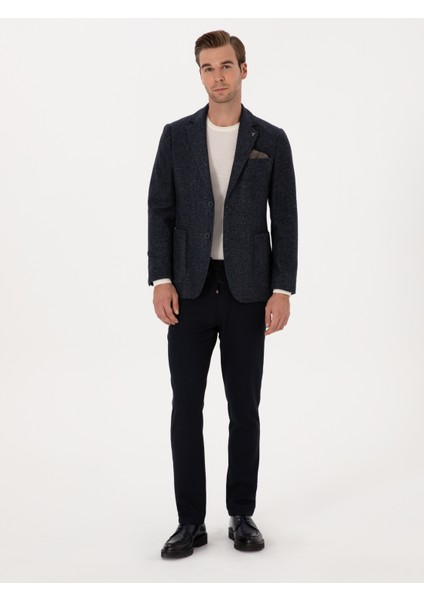 Erkek Lacivert Slim Fit Yün Karışımlı Flanel Görünümlü Ceket 50316800-VR033