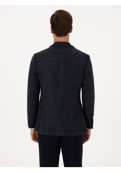 Erkek Lacivert Slim Fit Yün Karışımlı Flanel Görünümlü Ceket 50316800-VR033
