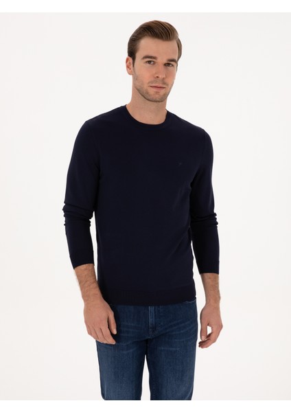 Erkek Lacivert Slim Fit Bisiklet Yaka Triko Kazak 50316331-VR033