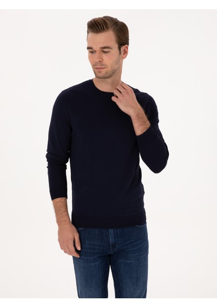 Erkek Lacivert Slim Fit Bisiklet Yaka Triko Kazak 50316331-VR033
