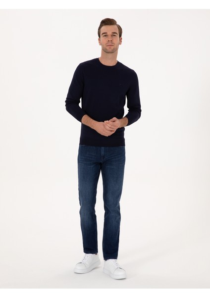 Erkek Lacivert Slim Fit Bisiklet Yaka Triko Kazak 50316331-VR033
