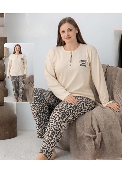 Kadın Pamuk'lu Düğme Yaka Raporlu Interlok Kışlık Battal Pijama Takımı 05160 - 1 Adet