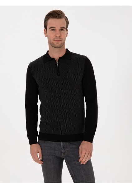 Erkek Siyah Slim Fit Pamuk Karışımlı Fermuarlı Polo Yaka Triko Kazak 50318948-VR046