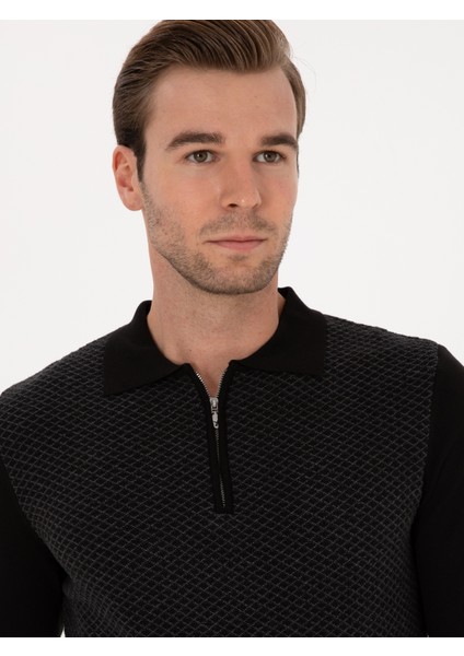 Erkek Siyah Slim Fit Pamuk Karışımlı Fermuarlı Polo Yaka Triko Kazak 50318948-VR046