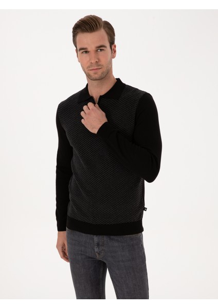 Erkek Siyah Slim Fit Pamuk Karışımlı Fermuarlı Polo Yaka Triko Kazak 50318948-VR046
