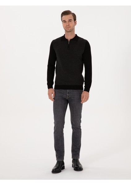 Erkek Siyah Slim Fit Pamuk Karışımlı Fermuarlı Polo Yaka Triko Kazak 50318948-VR046