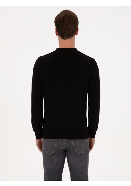 Erkek Siyah Slim Fit Pamuk Karışımlı Fermuarlı Polo Yaka Triko Kazak 50318948-VR046