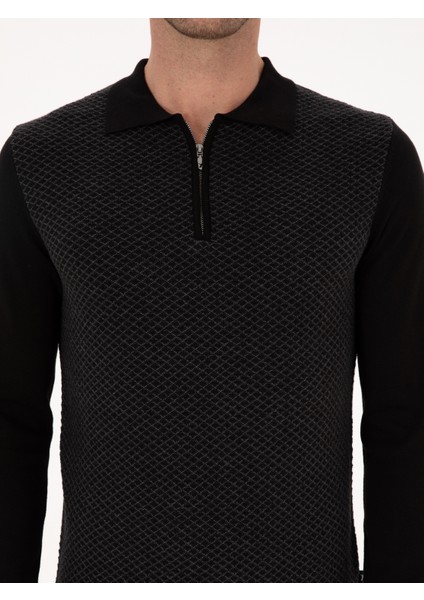 Erkek Siyah Slim Fit Pamuk Karışımlı Fermuarlı Polo Yaka Triko Kazak 50318948-VR046