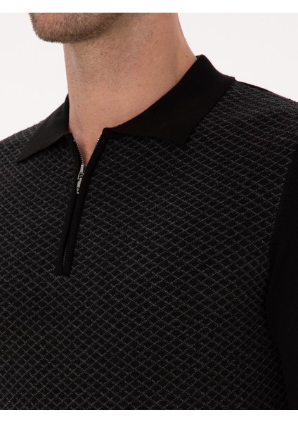Erkek Siyah Slim Fit Pamuk Karışımlı Fermuarlı Polo Yaka Triko Kazak 50318948-VR046