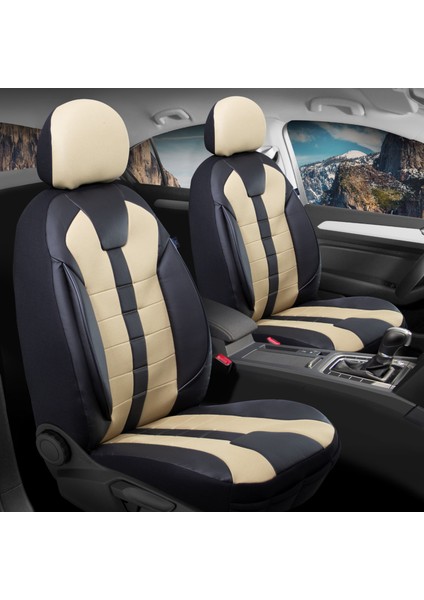 Fiat Linea Active Plus Uyumlu Oto Koltuk Kılıfı Deri Detaylı Kumaş Vista Bej Siyah