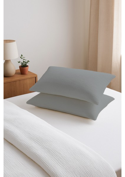 | Purecloud | 4 Kat Müslin Crinkle %100 Doğal Pamuk 2’li Yastık Kılıfı Seti | 50X70 cm | Gri modelleri