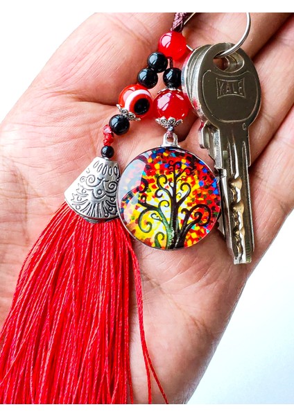 Kırmızı Cam Hayat Ağacı Püsküllü Anahtarlık