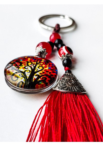 Kırmızı Cam Hayat Ağacı Püsküllü Anahtarlık fiyatları