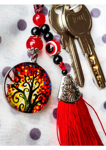 Kırmızı Cam Hayat Ağacı Püsküllü Anahtarlık modelleri