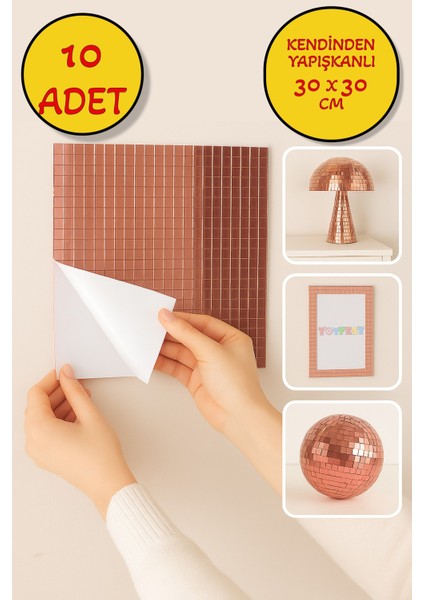 10’lu Kendinden Yapışkanlı Rose Ayna Mozaik Disco Sticker Duvar Çerçeve Eşya Dekoratif KAPLAMA30X30