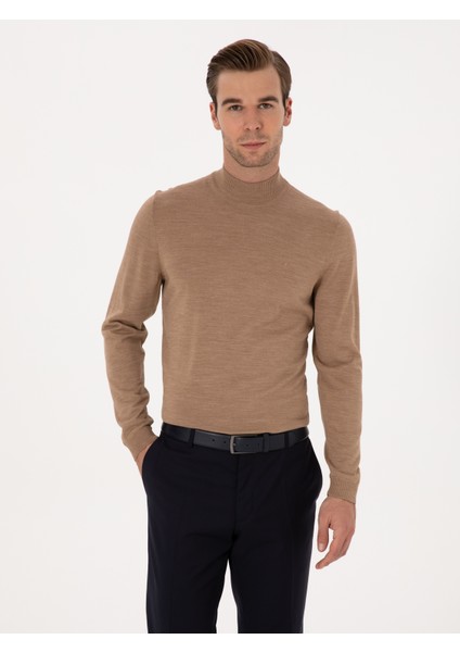 Erkek Camel Slim Fit Yün Karışımlı Yarım Balıkçı Basic Triko Kazak 50315296-VR015