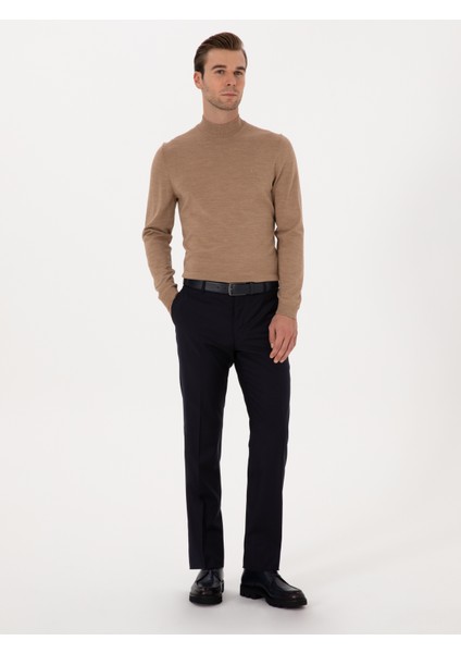 Erkek Camel Slim Fit Yün Karışımlı Yarım Balıkçı Basic Triko Kazak 50315296-VR015