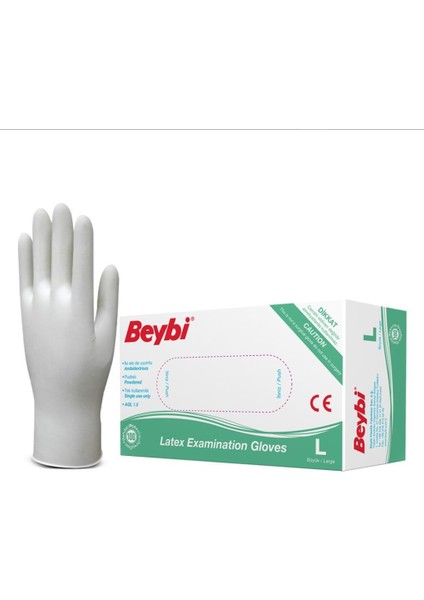 Beybi Lateks Pudralı Beyaz Muayene Eldiveni 100' Lü Paket Large