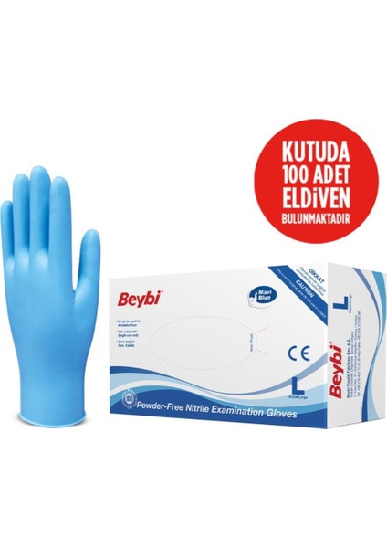 Beybi Nitril Pudrasız Mavi Muayene Eldiveni 100' Lü Paket Large fiyatları