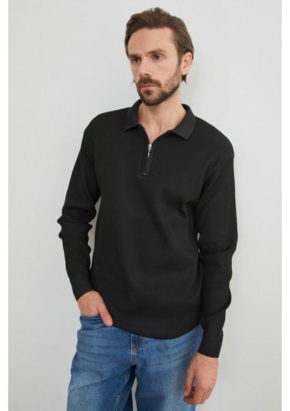Fitilli Yarım Fermuarlı Triko Kazak