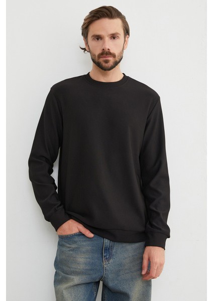 Basic Fitilli Bisiklet Yaka Sweatshirt