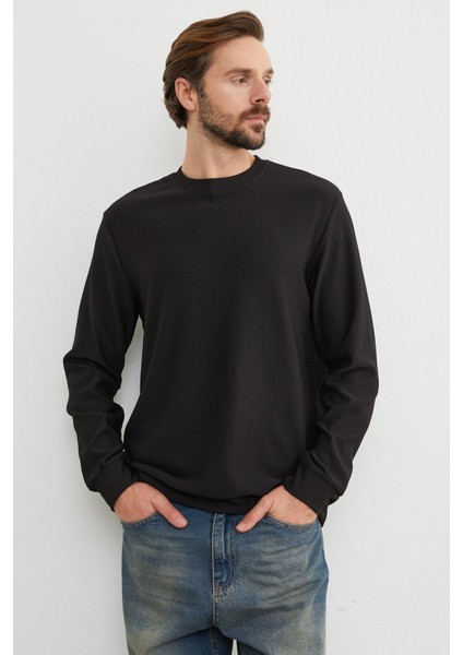 Basic Fitilli Bisiklet Yaka Sweatshirt