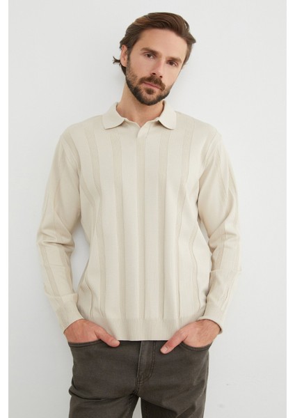 Şeritli Polo Yaka Triko Kazak