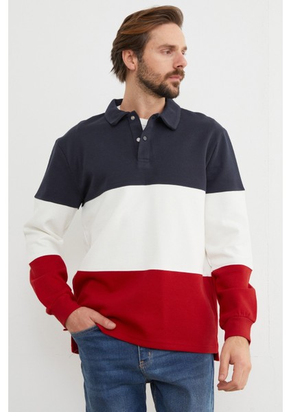Renk Bloklu Polo Yaka Yarım Düğmeli Pike Sweatshirt fiyatları