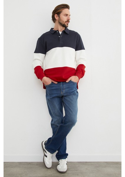 Renk Bloklu Polo Yaka Yarım Düğmeli Pike Sweatshirt modelleri