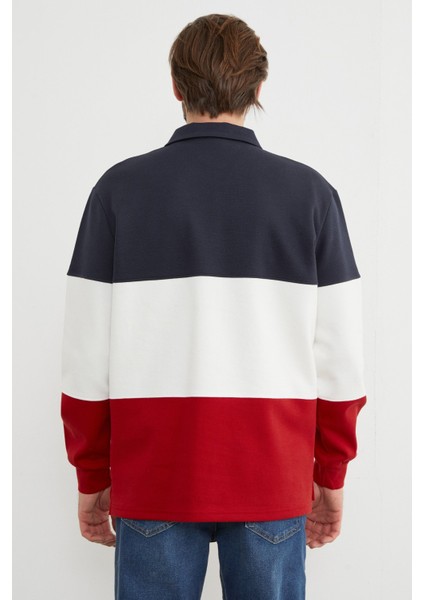 Renk Bloklu Polo Yaka Yarım Düğmeli Pike Sweatshirt
