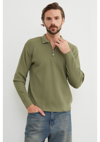 Fitilli Yarım Fermuarlı Triko Kazak