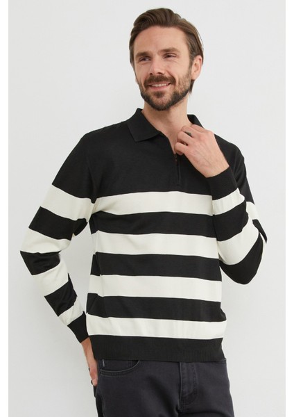 Çizgili Yarım Fermuarlı Polo Yaka Triko Kazak fiyatları