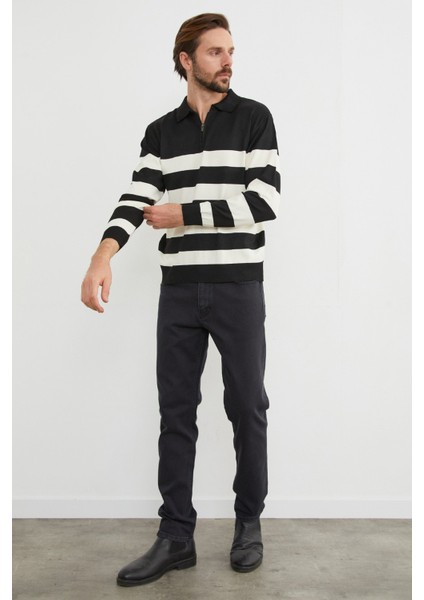 Çizgili Yarım Fermuarlı Polo Yaka Triko Kazak modelleri