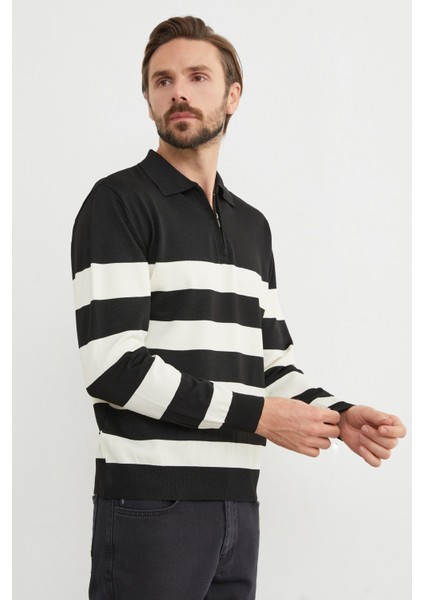 Çizgili Yarım Fermuarlı Polo Yaka Triko Kazak fırsatları