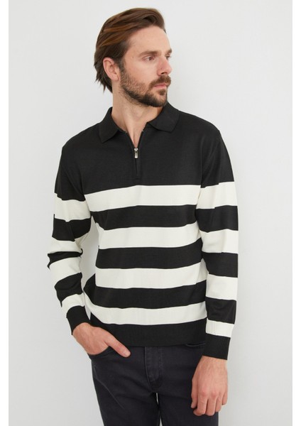 Çizgili Yarım Fermuarlı Polo Yaka Triko Kazak indirimleri