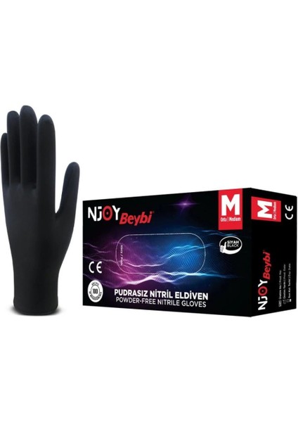 Beybi Njoy Nitril Siyah Pudrasız Eldiven 100' Lü Paket Medium