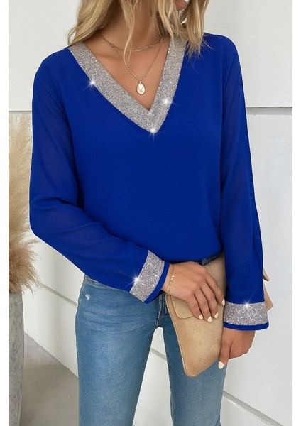 Eyesof Kadın Uzun Kollu V Pulpayet Yakalı Ithal Krep Bluz fiyatları