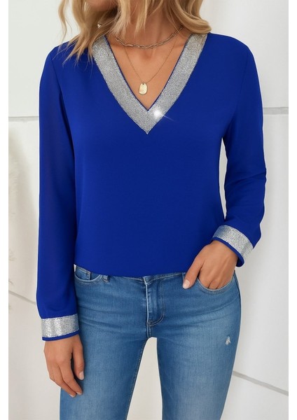 Eyesof Kadın Uzun Kollu V Pulpayet Yakalı Ithal Krep Bluz fırsatları