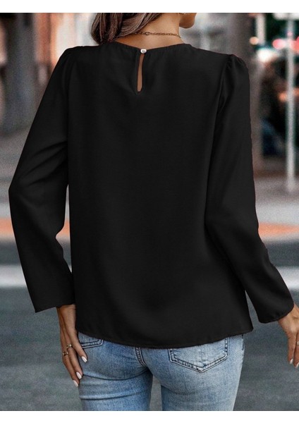 Kadın Uzun Kollu Yuvarlak Önden Pileli Ithal Krep Bluz fırsatları