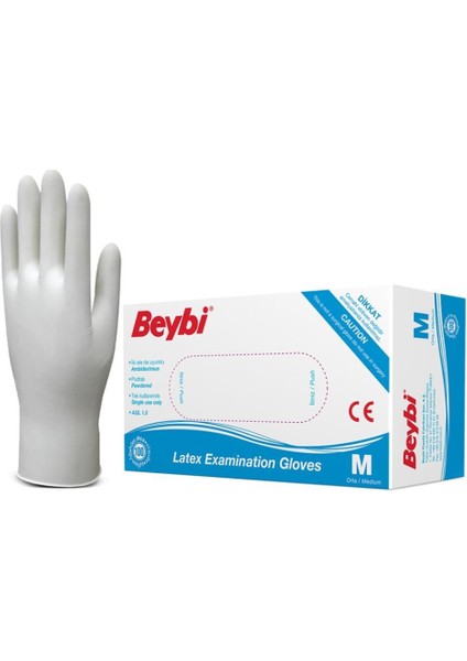 Beybi Lateks Pudralı Beyaz Muayene Eldiveni 100' Lü Paket Medium