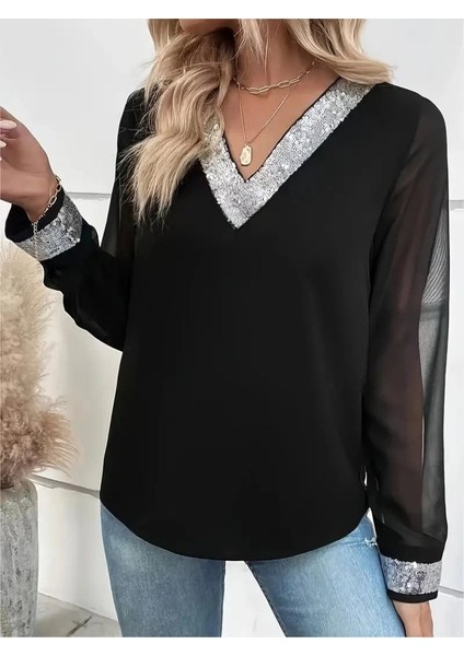 Eyesof Kadın Uzun Kollu V Pulpayet Yakalı Ithal Krep Bluz fırsatları