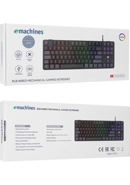 Emachines, EAK87, Siyah/gri, USB Kablolu, Rgb Backlight, Red Switch, Mekanik, Türkçe Q, 87 Tuşlu, Gaming Klavye indirimleri