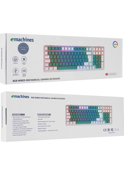 Emachines, EAK100, Yeşil/beyaz, USB Kablolu, Rgb Backlight, Red Switch, Mekanik, Türkçe Q, 100 Tuşlu, Gaming Klavye indirimleri