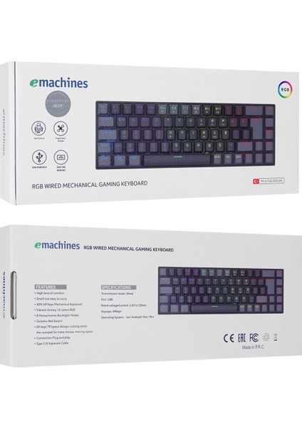 eMachines EAK68 Siyah/Gri USB RGB Backlight RED SWITCH Mekanik Q 68 Tuşlu Mini Gaming Oyuncu Klavye indirimleri