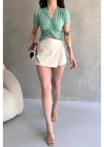 Kruvaze Yaka Crop Bluz