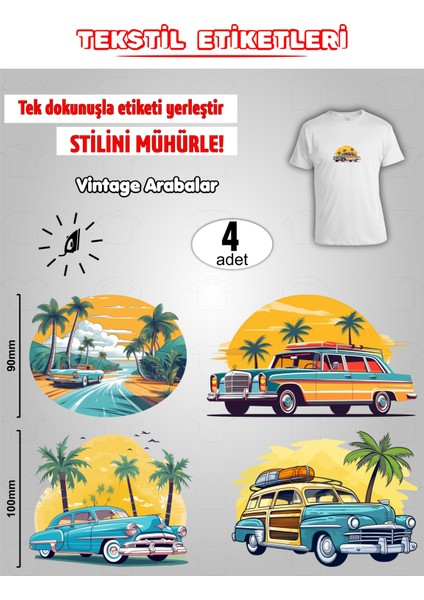 Ütü ile Yapışan Kıyafet Etiketi Vintage Arabalar 4lü Set