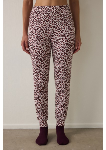Bordo Leopar Desenli Pijama Altı