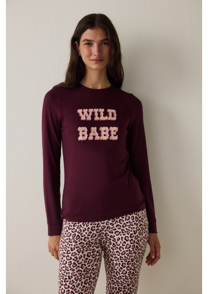 Bordo Bisiklet Yaka Sloganlı Uzun Kollu Pijama Üstü