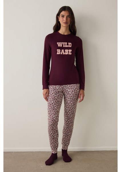 Bordo Bisiklet Yaka Sloganlı Uzun Kollu Pijama Üstü modelleri